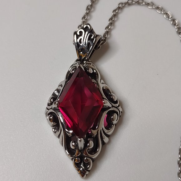Diamond Shaped Red And Silver Tone Pendant Necklace 20 Inches Long - Picture 5 of 10